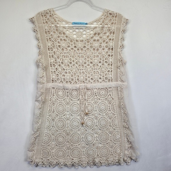 Solitaire Swim Cover Up Top Womens M Beige Crochet Lace Resort Beach Festival - Picture 2 of 14